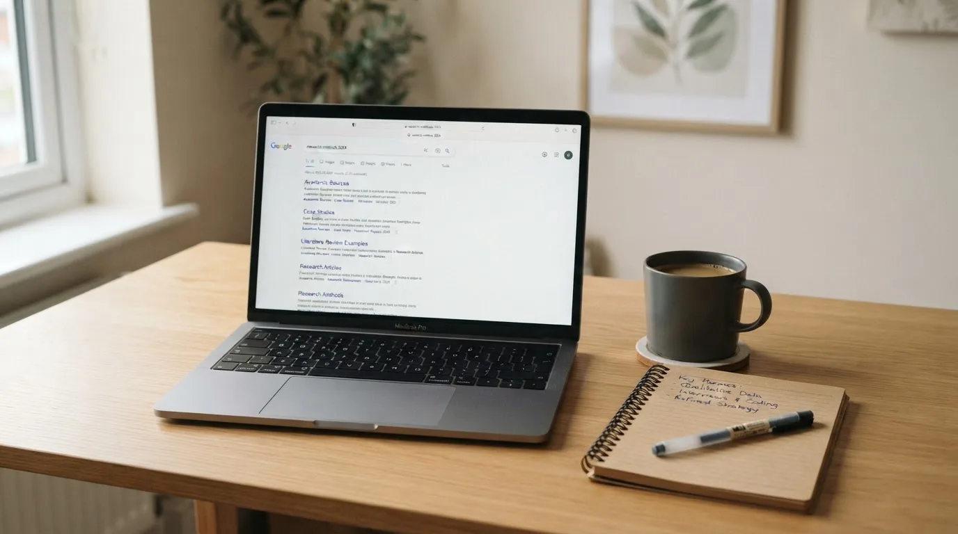A tidy desk with a laptop open on a plain search-results page, a notebook and a coffee cup beside it, no screens showing any casino branding.