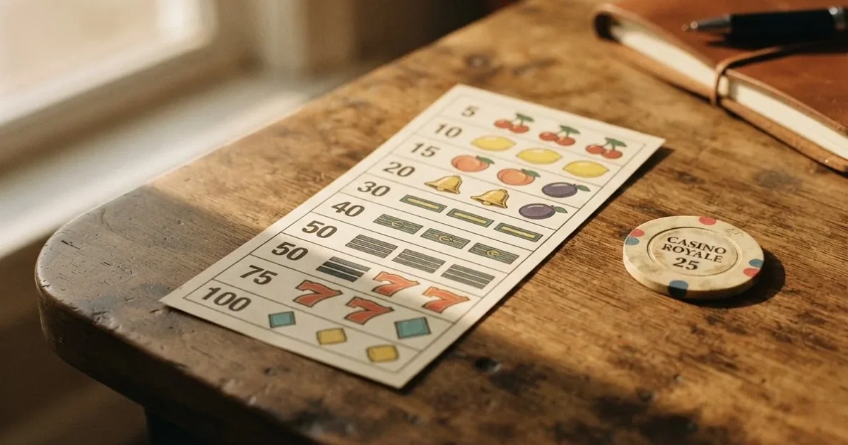 A printed strip of generic slot symbols and payout numbers laid on a desk, like a reference chart rather than a live game.