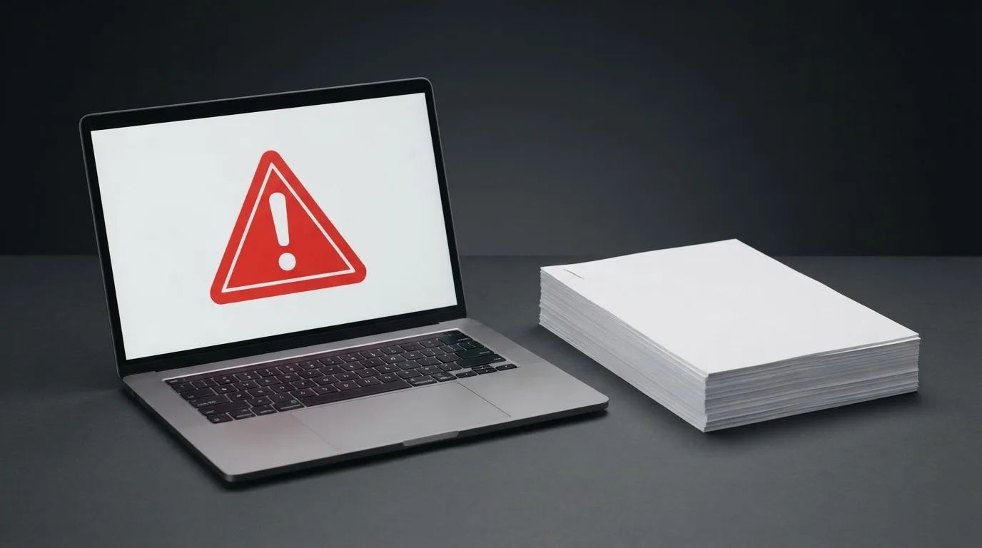 A red triangular warning sign icon on a laptop screen next to a stack of legal papers, symbolising an official caution rather than any specific website.