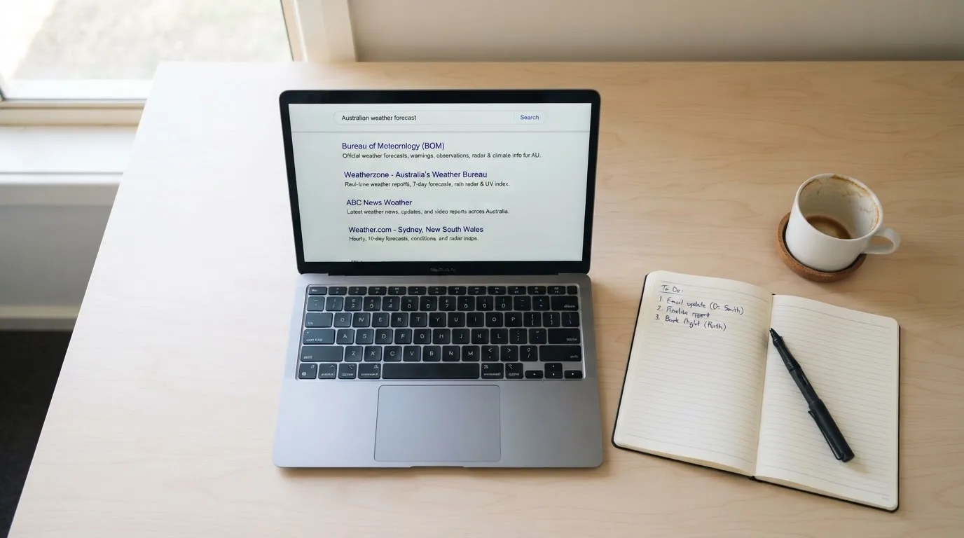 A tidy desk with a laptop open on a plain search-results page, a notebook and a coffee cup beside it, no screens showing any casino branding.