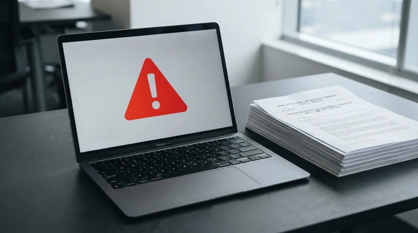 A red triangular warning sign icon on a laptop screen next to a stack of legal papers, symbolising an official caution rather than any specific website.