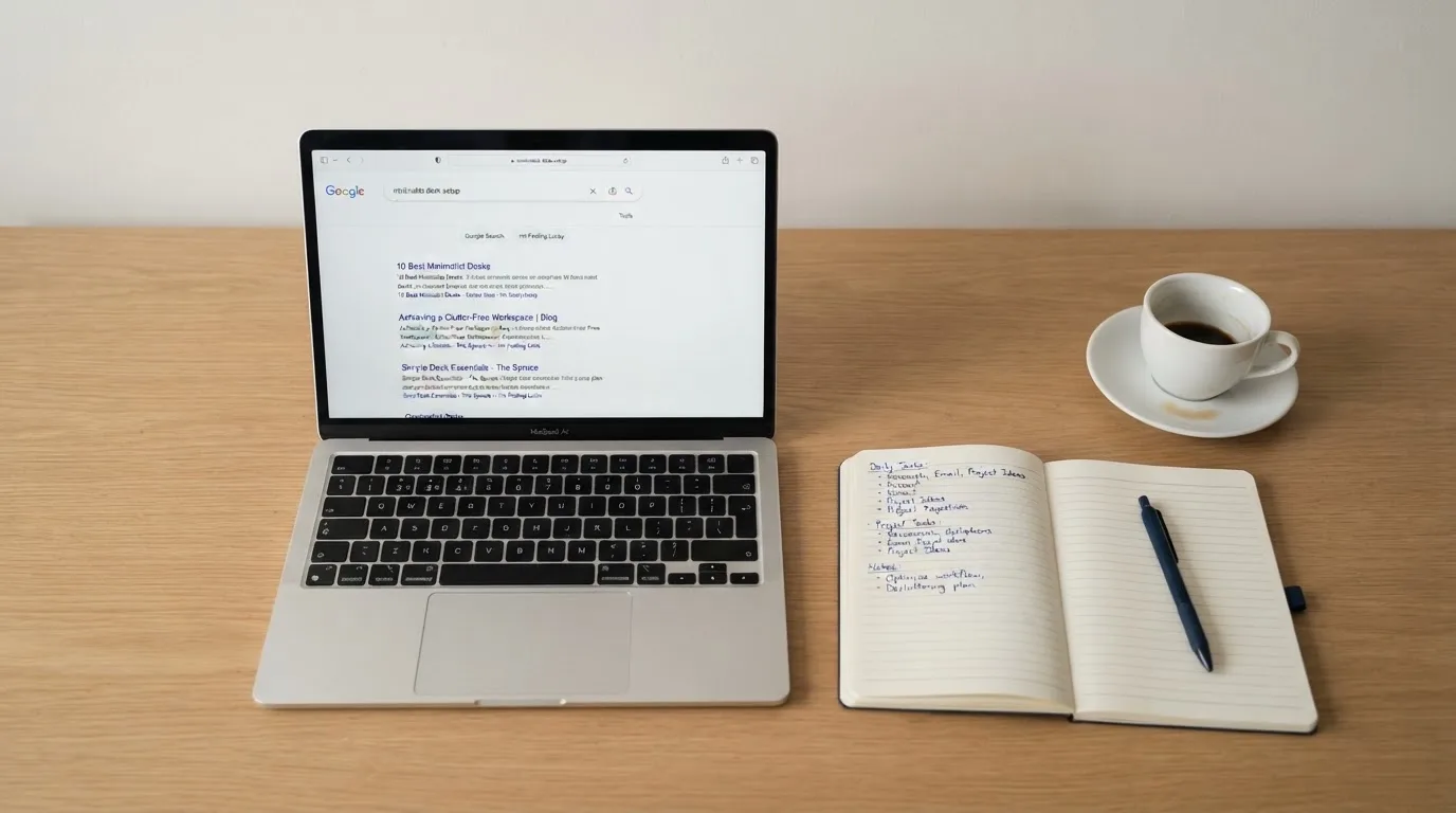 A tidy desk with a laptop open on a plain search-results page, a notebook and a coffee cup beside it, no screens showing any casino branding.