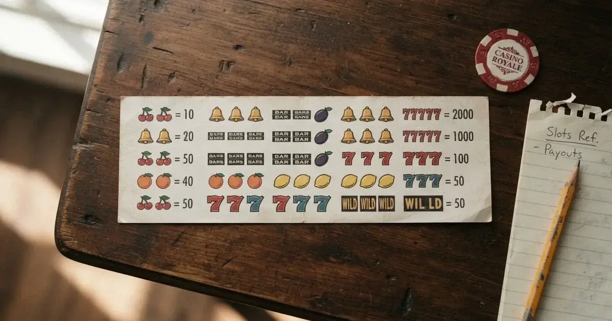 A printed strip of generic slot symbols and payout numbers laid on a desk, like a reference chart rather than a live game.