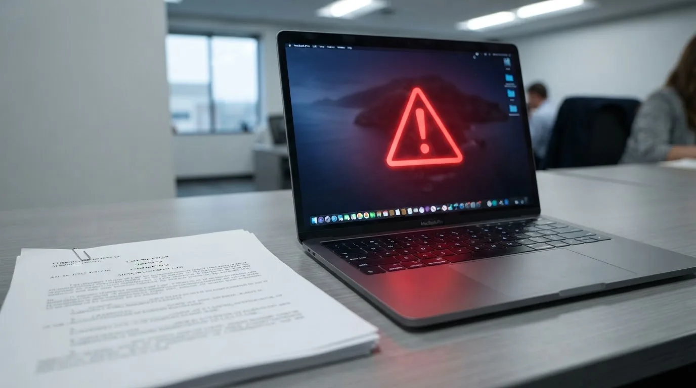 A red triangular warning sign icon on a laptop screen next to a stack of legal papers, symbolising an official caution rather than any specific website.