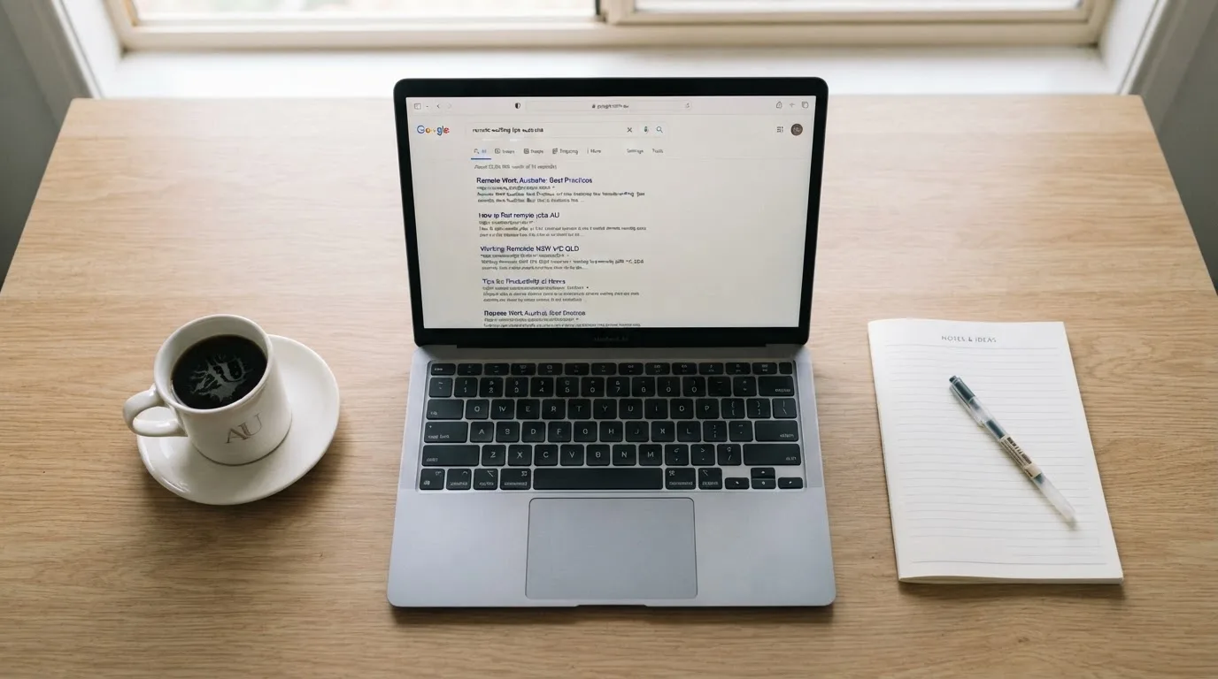 A tidy desk with a laptop open on a plain search-results page, a notebook and a coffee cup beside it, no screens showing any casino branding.