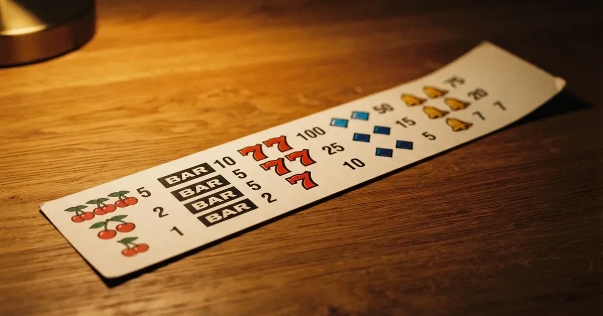 A printed strip of generic slot symbols and payout numbers laid on a desk, like a reference chart rather than a live game.