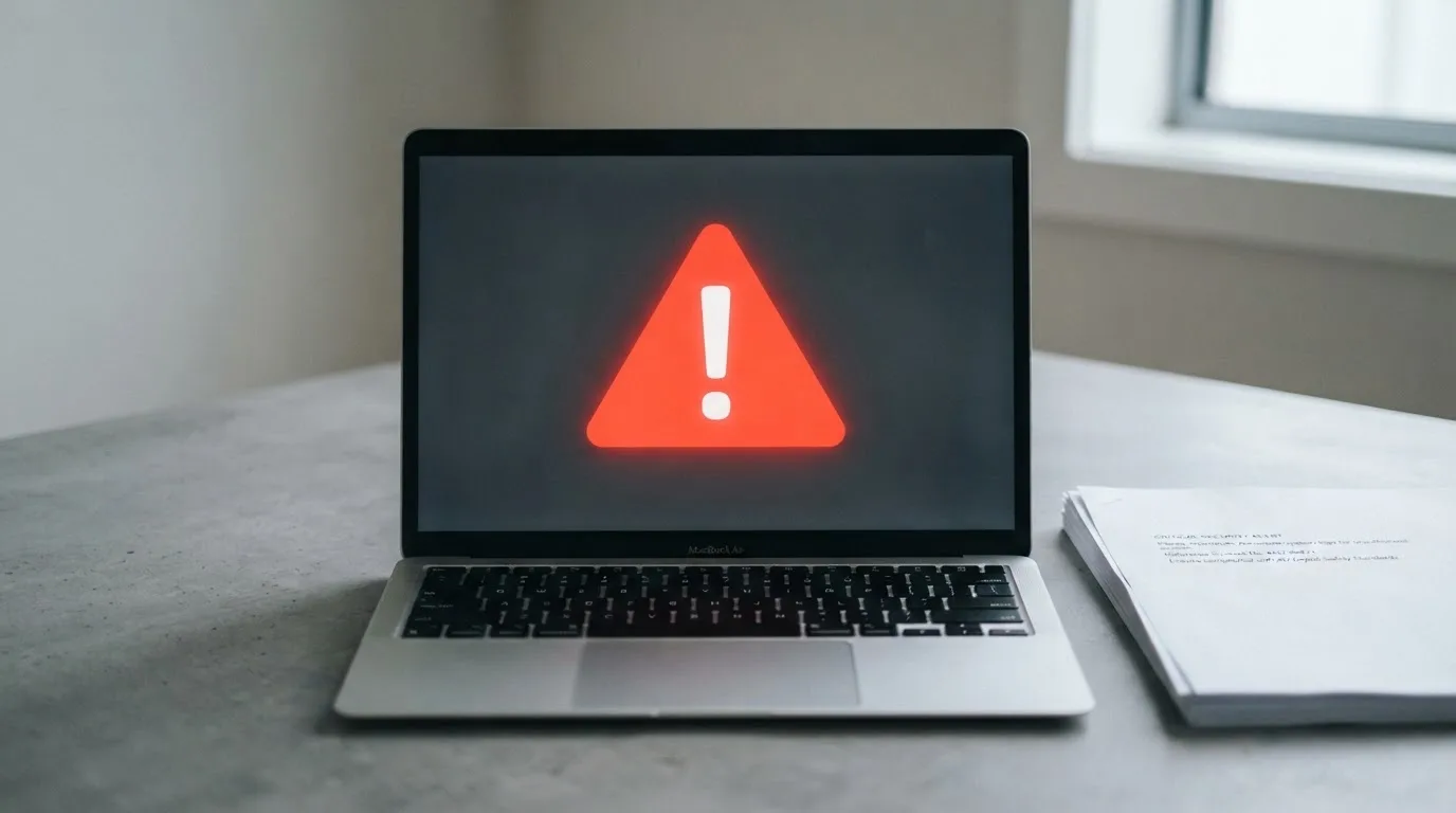 A red triangular warning sign icon on a laptop screen next to a stack of legal papers, symbolising an official caution rather than any specific website.