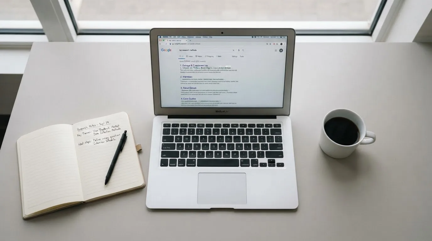 A tidy desk with a laptop open on a plain search-results page, a notebook and a coffee cup beside it, no screens showing any casino branding.
