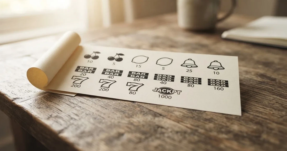 A printed strip of generic slot symbols and payout numbers laid on a desk, like a reference chart rather than a live game.