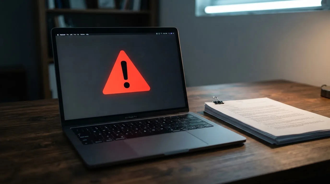 A red triangular warning sign icon on a laptop screen next to a stack of legal papers, symbolising an official caution rather than any specific website.