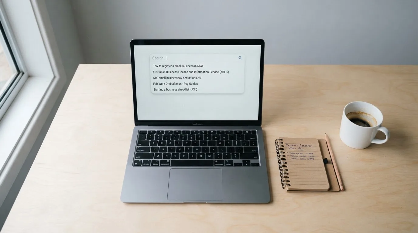 A tidy desk with a laptop open on a plain search-results page, a notebook and a coffee cup beside it, no screens showing any casino branding.