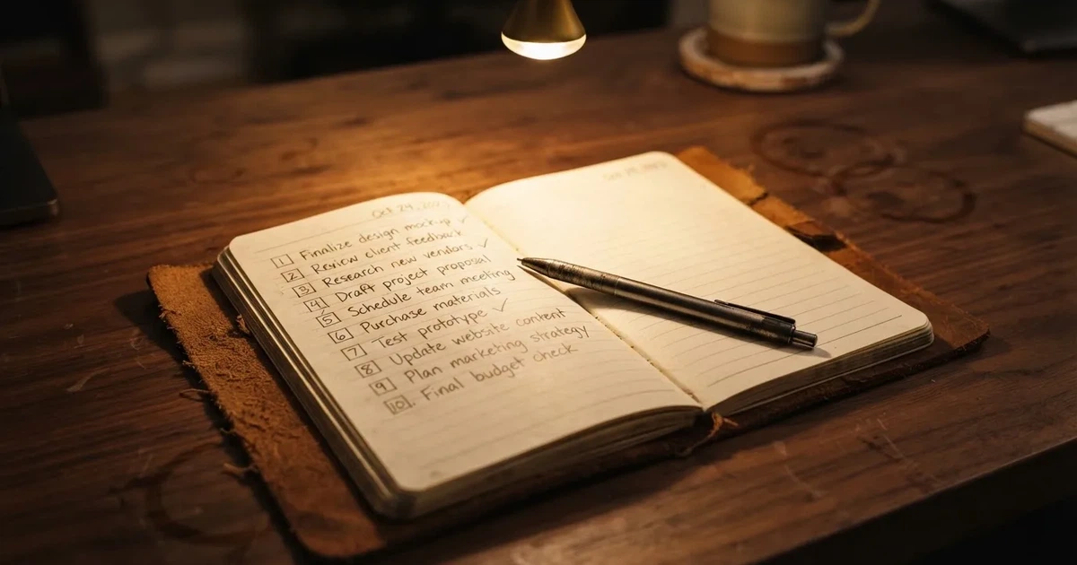 A notepad with a numbered list of blank lines and checkboxes, pen resting on top, suggesting a comparison in progress.
