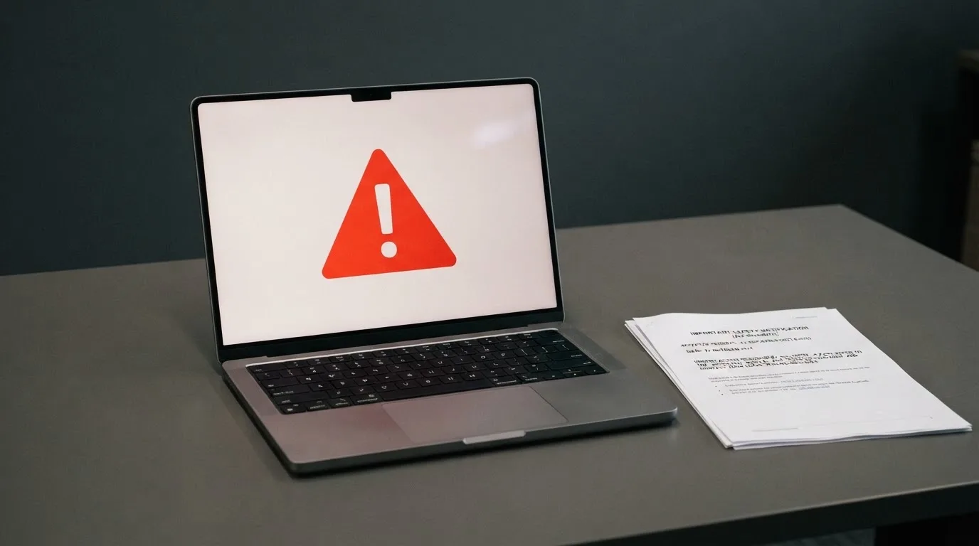 A red triangular warning sign icon on a laptop screen next to a stack of legal papers, symbolising an official caution rather than any specific website.