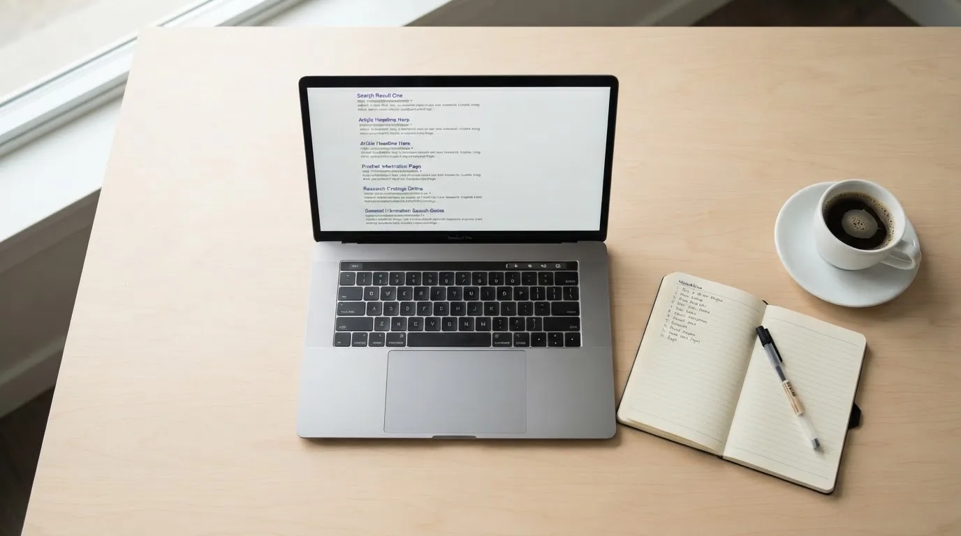 A tidy desk with a laptop open on a plain search-results page, a notebook and a coffee cup beside it, no screens showing any casino branding.