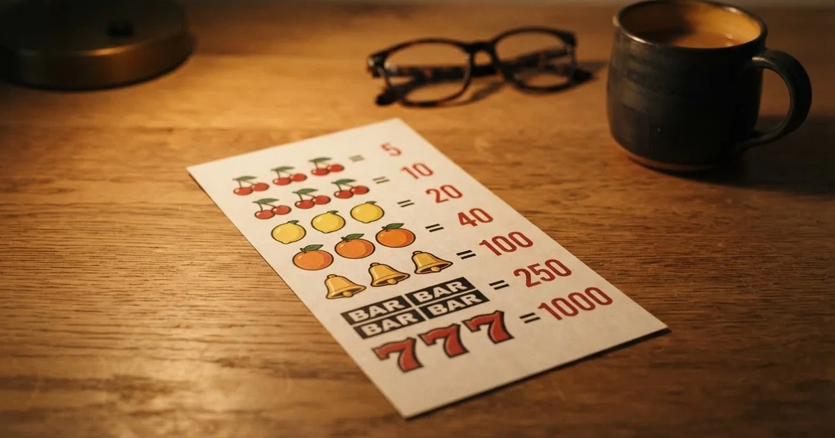 A printed strip of generic slot symbols and payout numbers laid on a desk, like a reference chart rather than a live game.