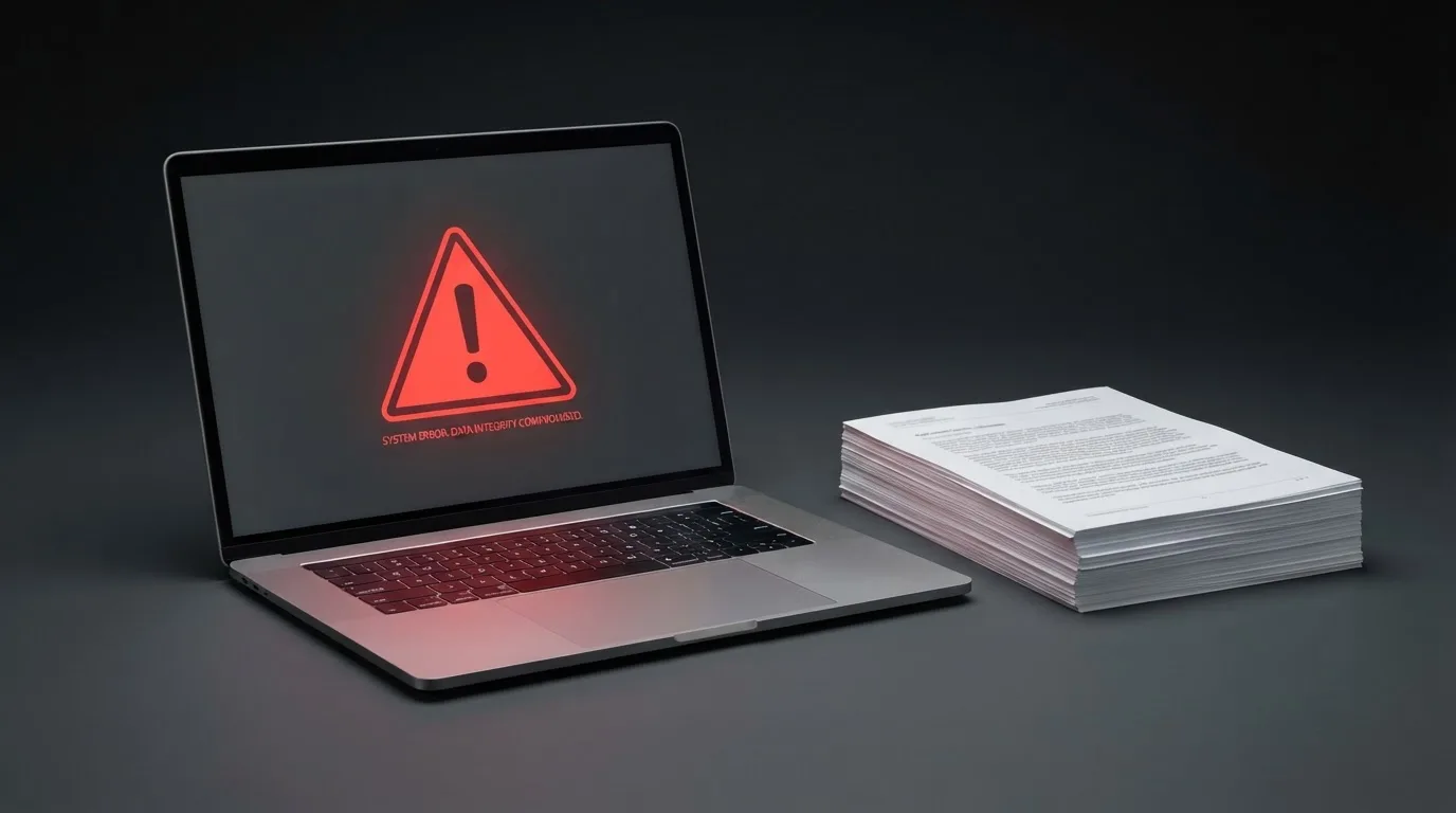 A red triangular warning sign icon on a laptop screen next to a stack of legal papers, symbolising an official caution rather than any specific website.