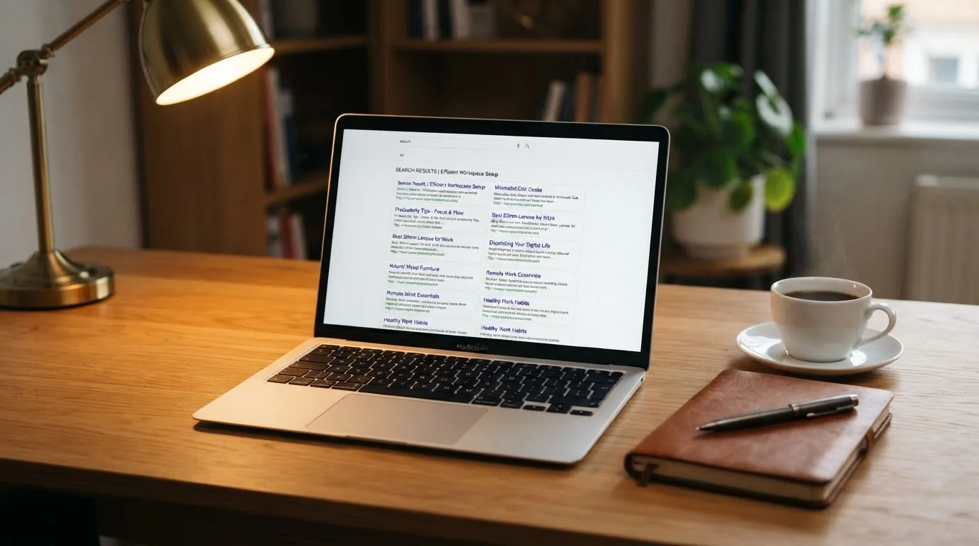 A tidy desk with a laptop open on a plain search-results page, a notebook and a coffee cup beside it, no screens showing any casino branding.