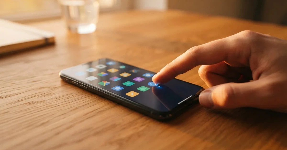 A hand tapping a smartphone screen showing generic app icons, none of them branded.