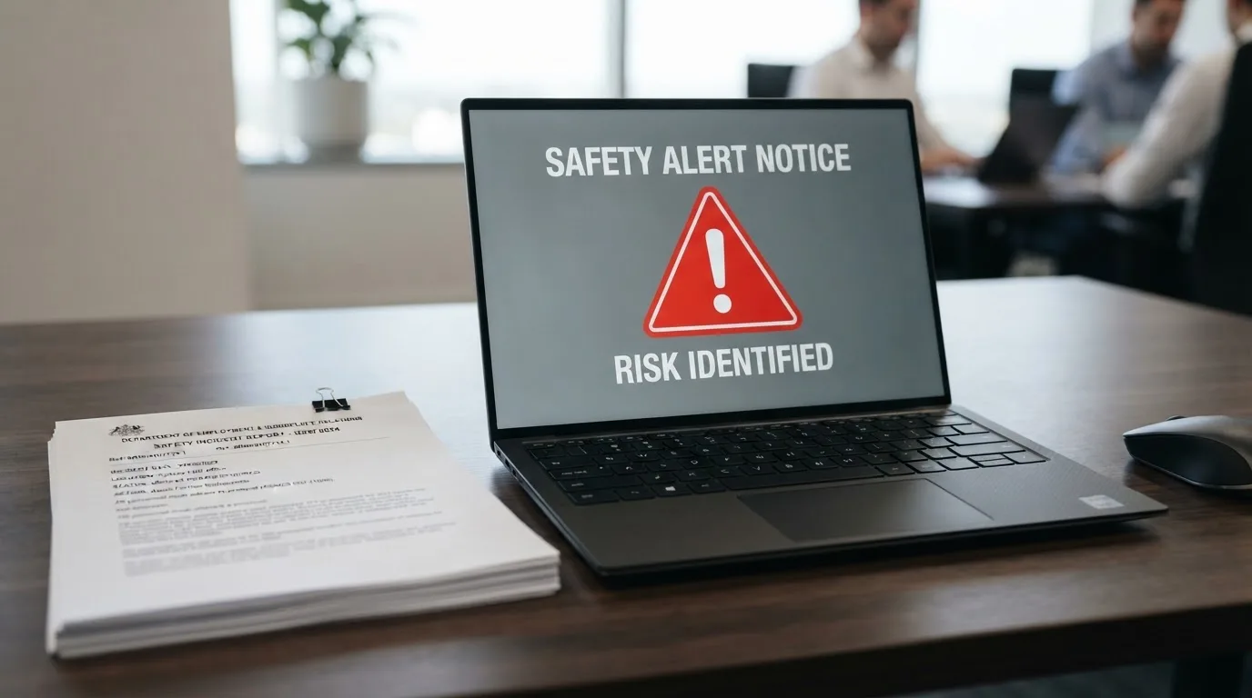 A red triangular warning sign icon on a laptop screen next to a stack of legal papers, symbolising an official caution rather than any specific website.