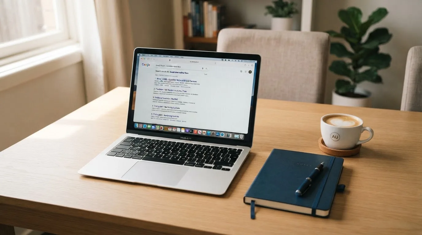 A tidy desk with a laptop open on a plain search-results page, a notebook and a coffee cup beside it, no screens showing any casino branding.