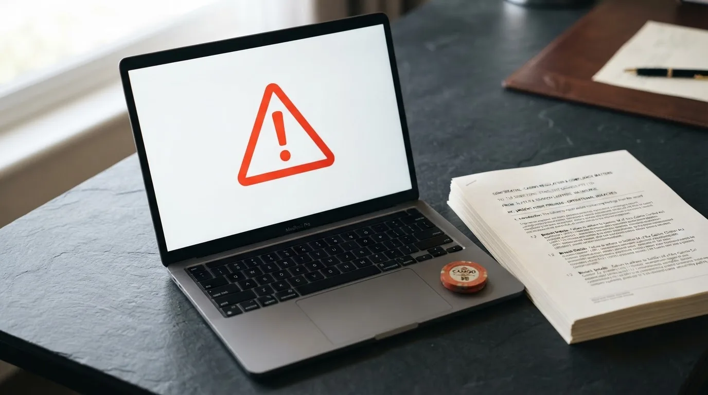 A red triangular warning sign icon on a laptop screen next to a stack of legal papers, symbolising an official caution rather than any specific website.