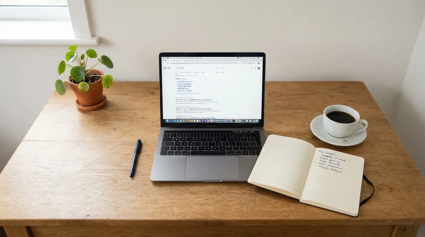 A tidy desk with a laptop open on a plain search-results page, a notebook and a coffee cup beside it, no screens showing any casino branding.