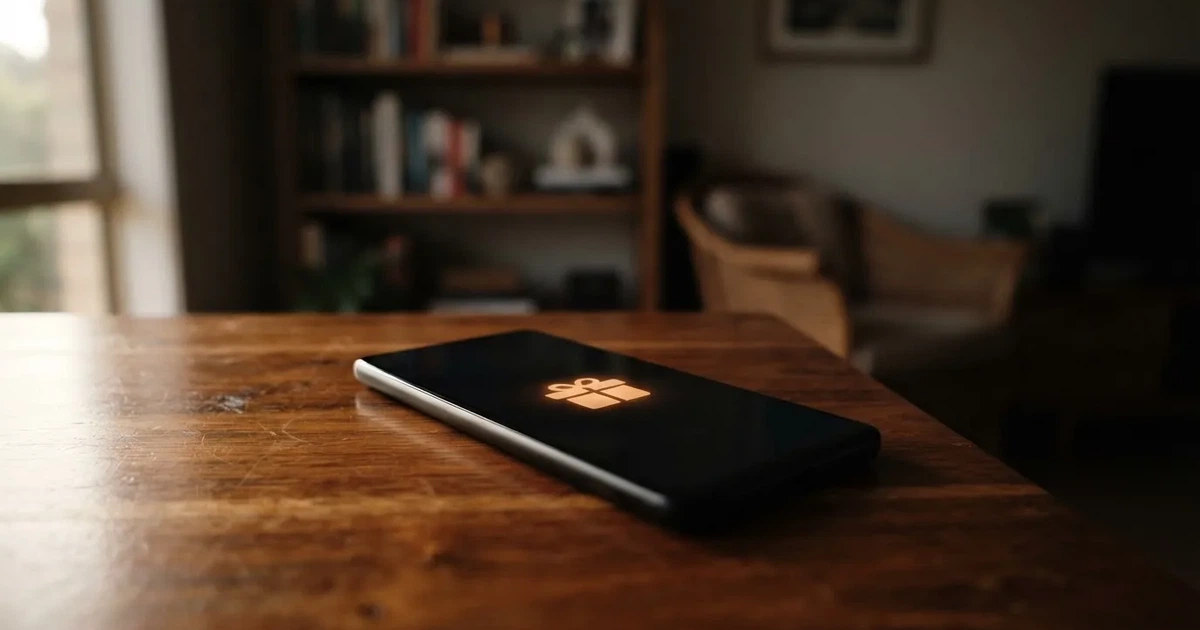 A gift box icon glowing on a phone screen, held at arm's length, suggesting an unopened offer rather than an active game.