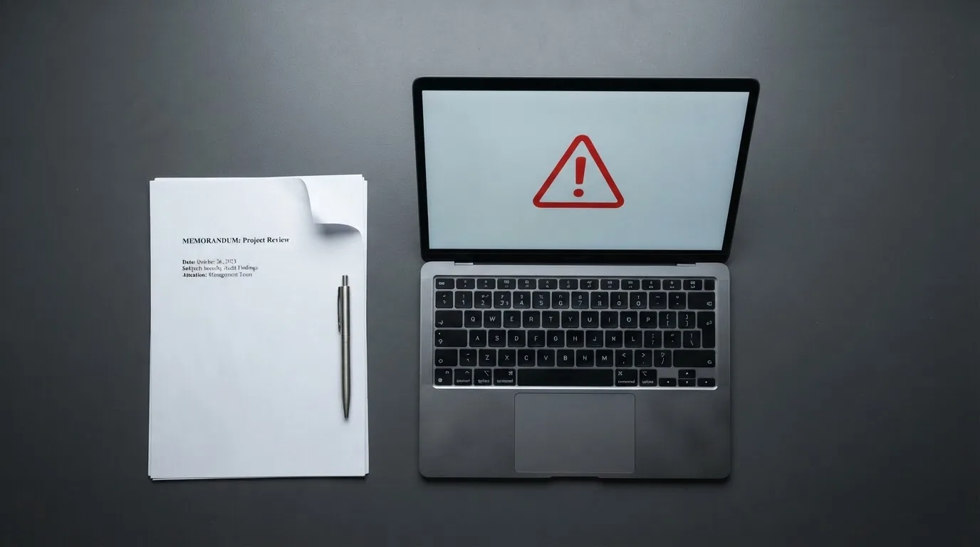 A red triangular warning sign icon on a laptop screen next to a stack of legal papers, symbolising an official caution rather than any specific website.