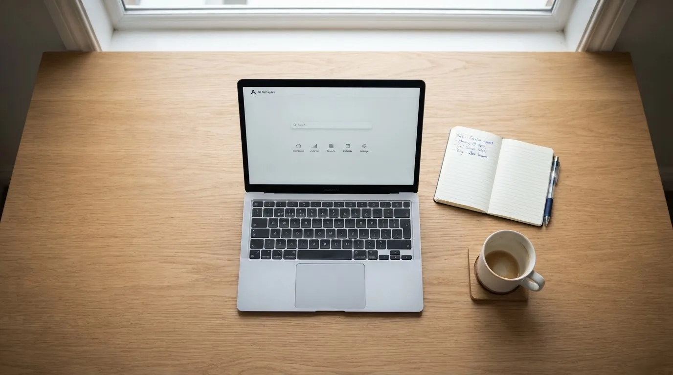 A tidy desk with a laptop open on a plain search-results page, a notebook and a coffee cup beside it, no screens showing any casino branding.