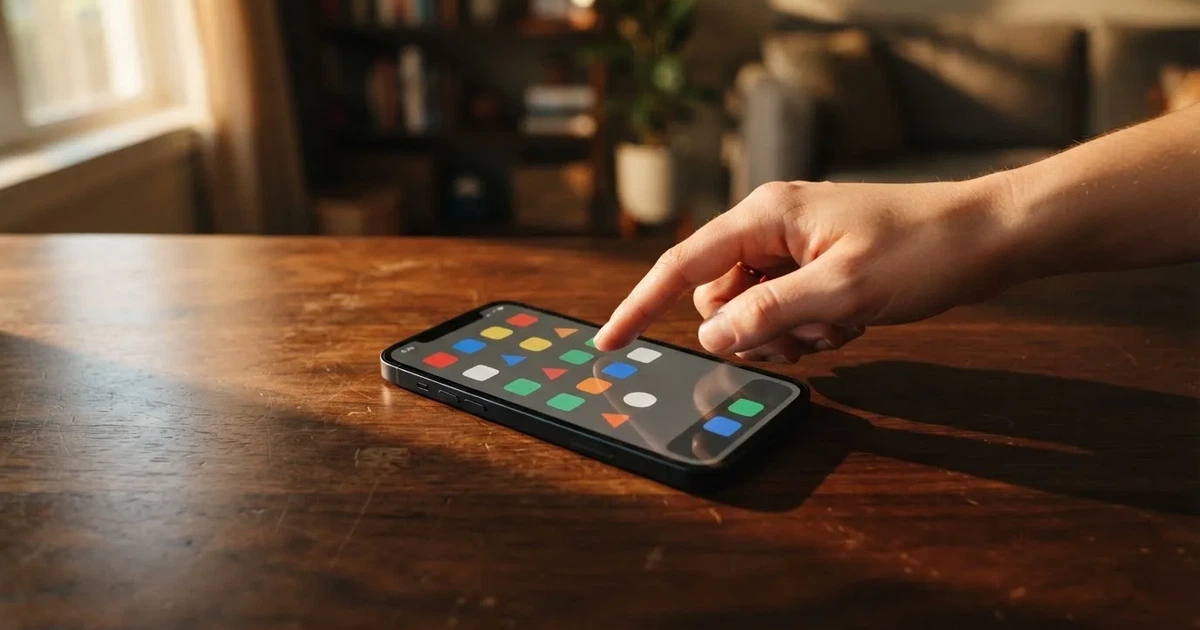 A hand tapping a smartphone screen showing generic app icons, none of them branded.