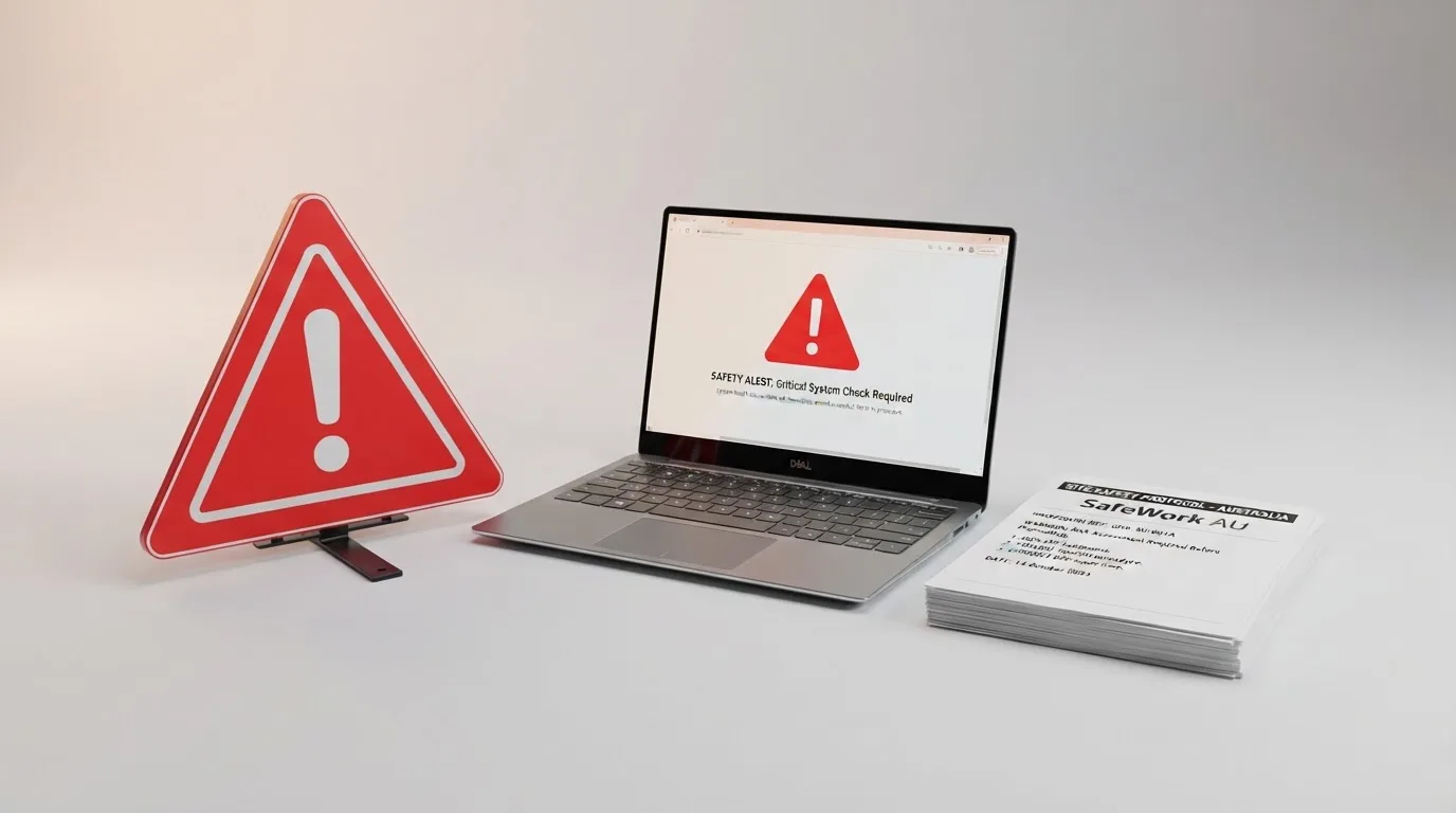 A red triangular warning sign icon on a laptop screen next to a stack of legal papers, symbolising an official caution rather than any specific website.