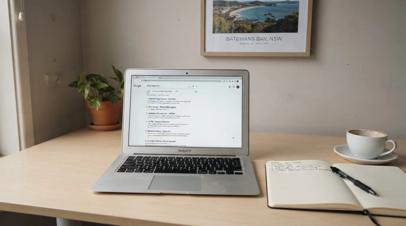 A tidy desk with a laptop open on a plain search-results page, a notebook and a coffee cup beside it, no screens showing any casino branding.