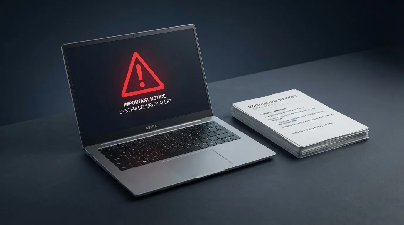 A red triangular warning sign icon on a laptop screen next to a stack of legal papers, symbolising an official caution rather than any specific website.