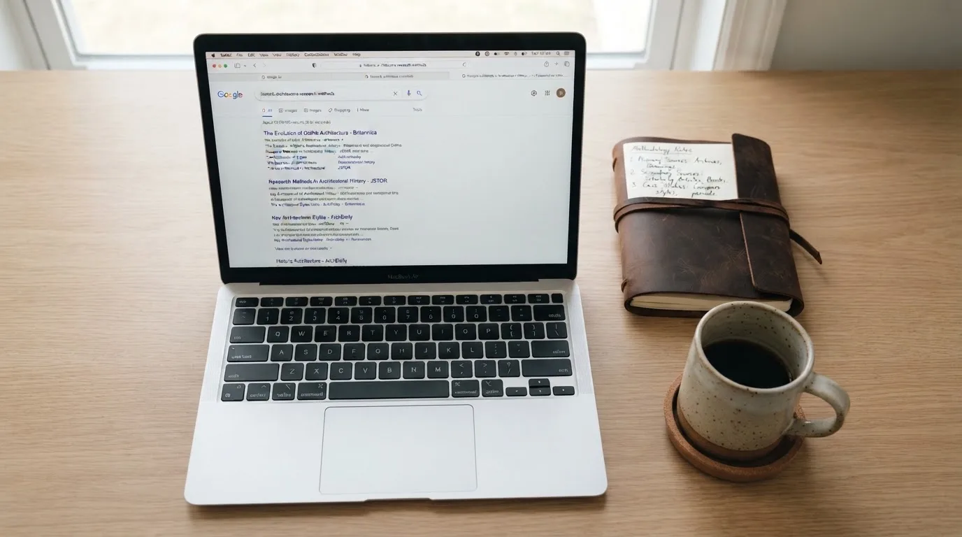 A tidy desk with a laptop open on a plain search-results page, a notebook and a coffee cup beside it, no screens showing any casino branding.