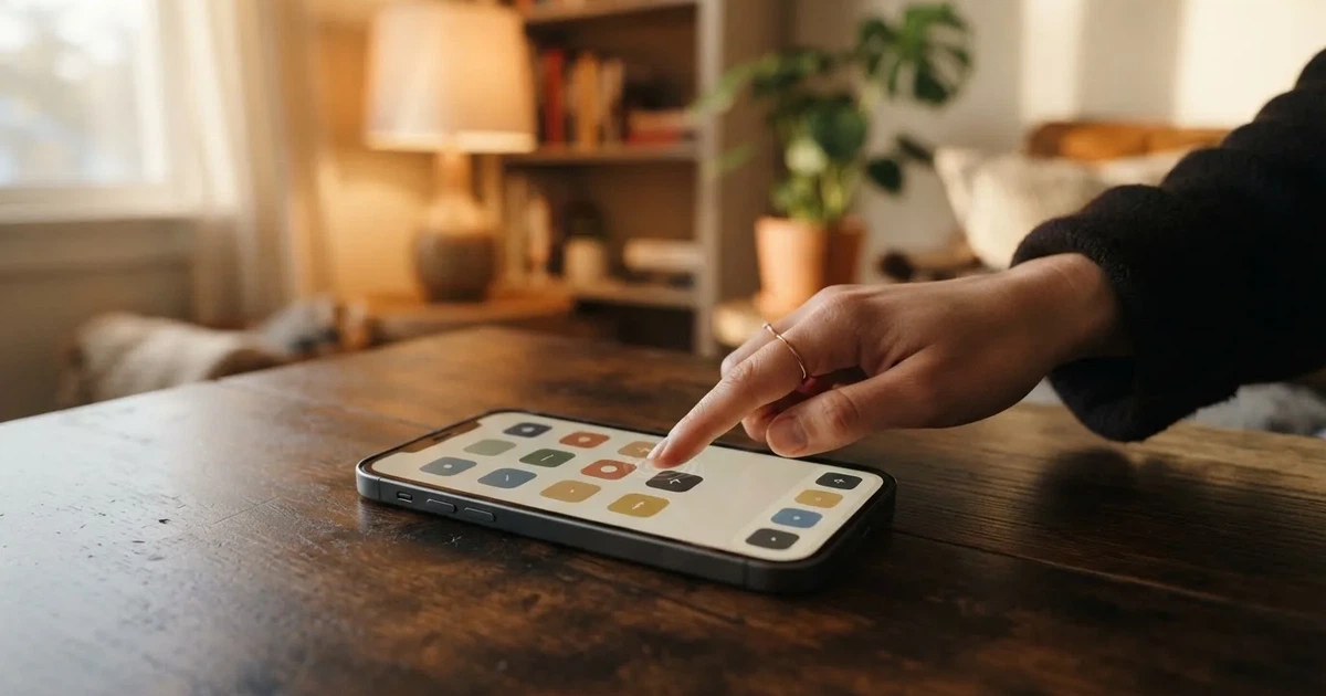 A hand tapping a smartphone screen showing generic app icons, none of them branded.