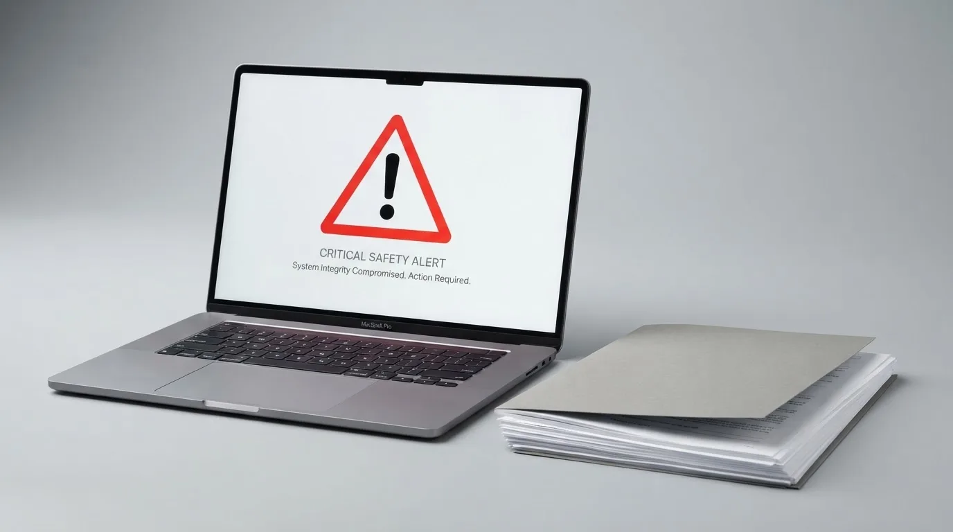 A red triangular warning sign icon on a laptop screen next to a stack of legal papers, symbolising an official caution rather than any specific website.