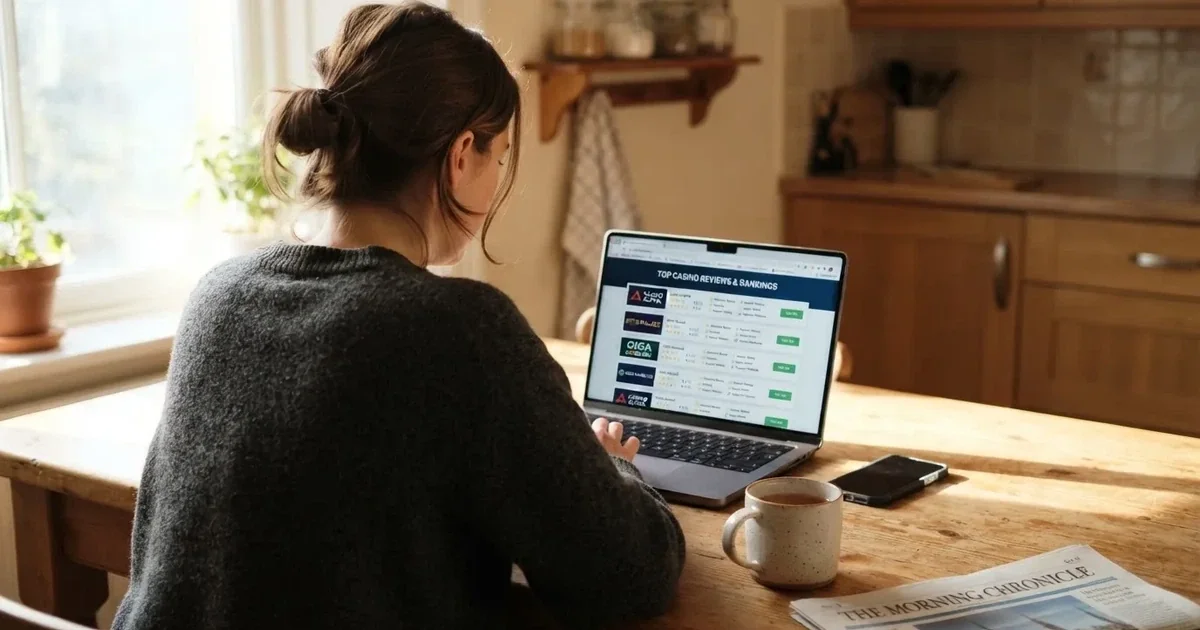 A person at a kitchen table scrolling through review pages on a laptop, phone face-down beside them.