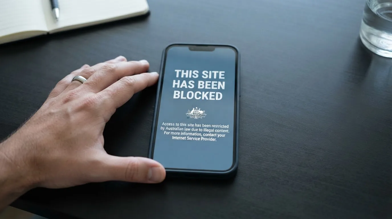 A smartphone screen showing a plain government warning notice about a blocked website, held against a blurred background.
