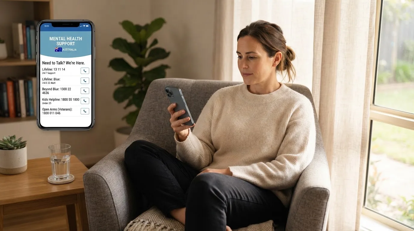 A person sitting calmly with a phone open to a support helpline page, no gaming screen visible.