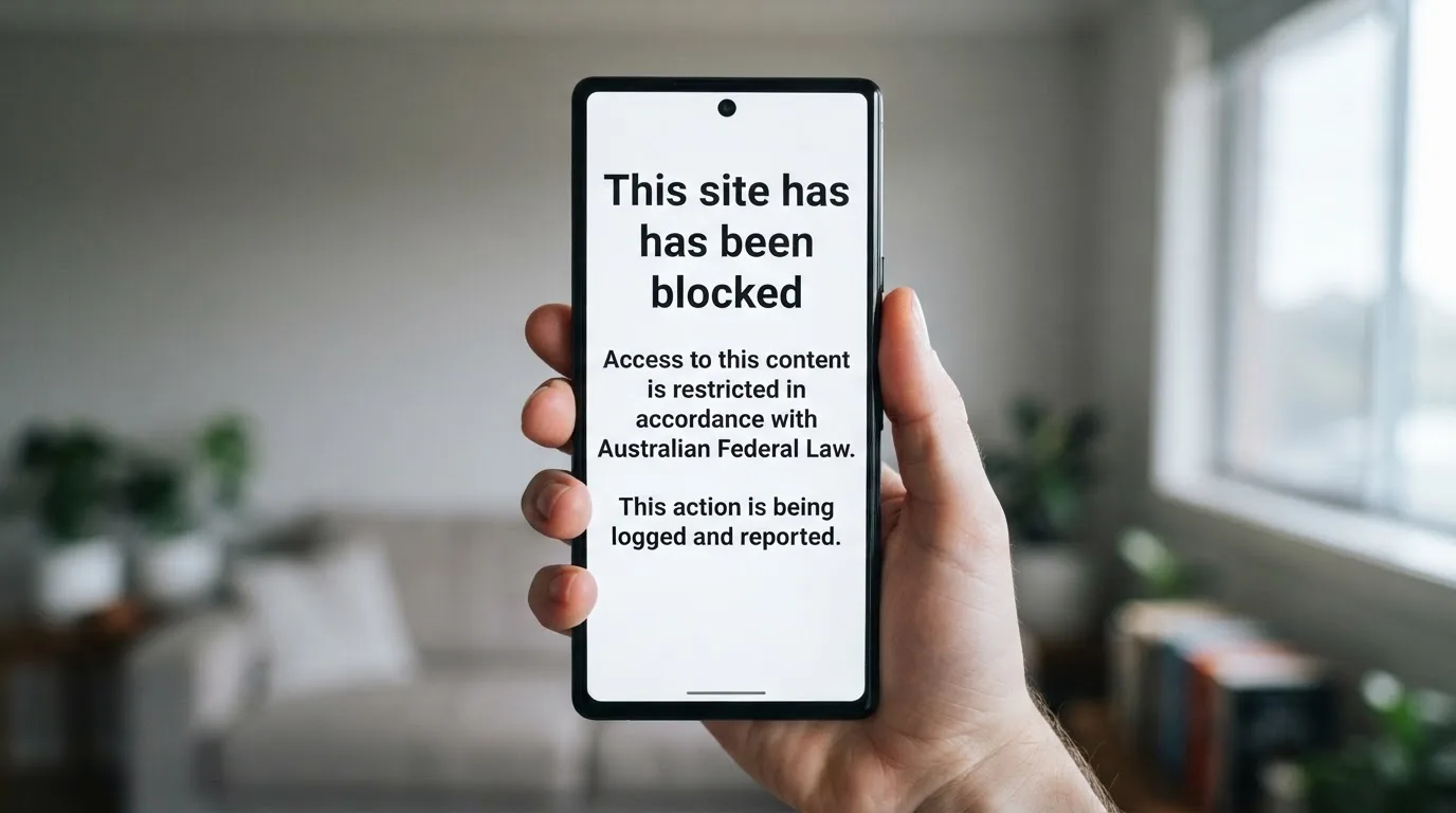 A smartphone screen showing a plain government warning notice about a blocked website, held against a blurred background.