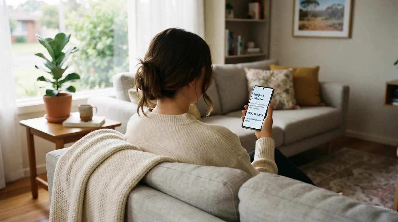 A person sitting calmly with a phone open to a support helpline page, no gaming screen visible.