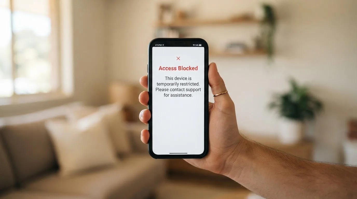 A smartphone screen showing a plain government warning notice about a blocked website, held against a blurred background.