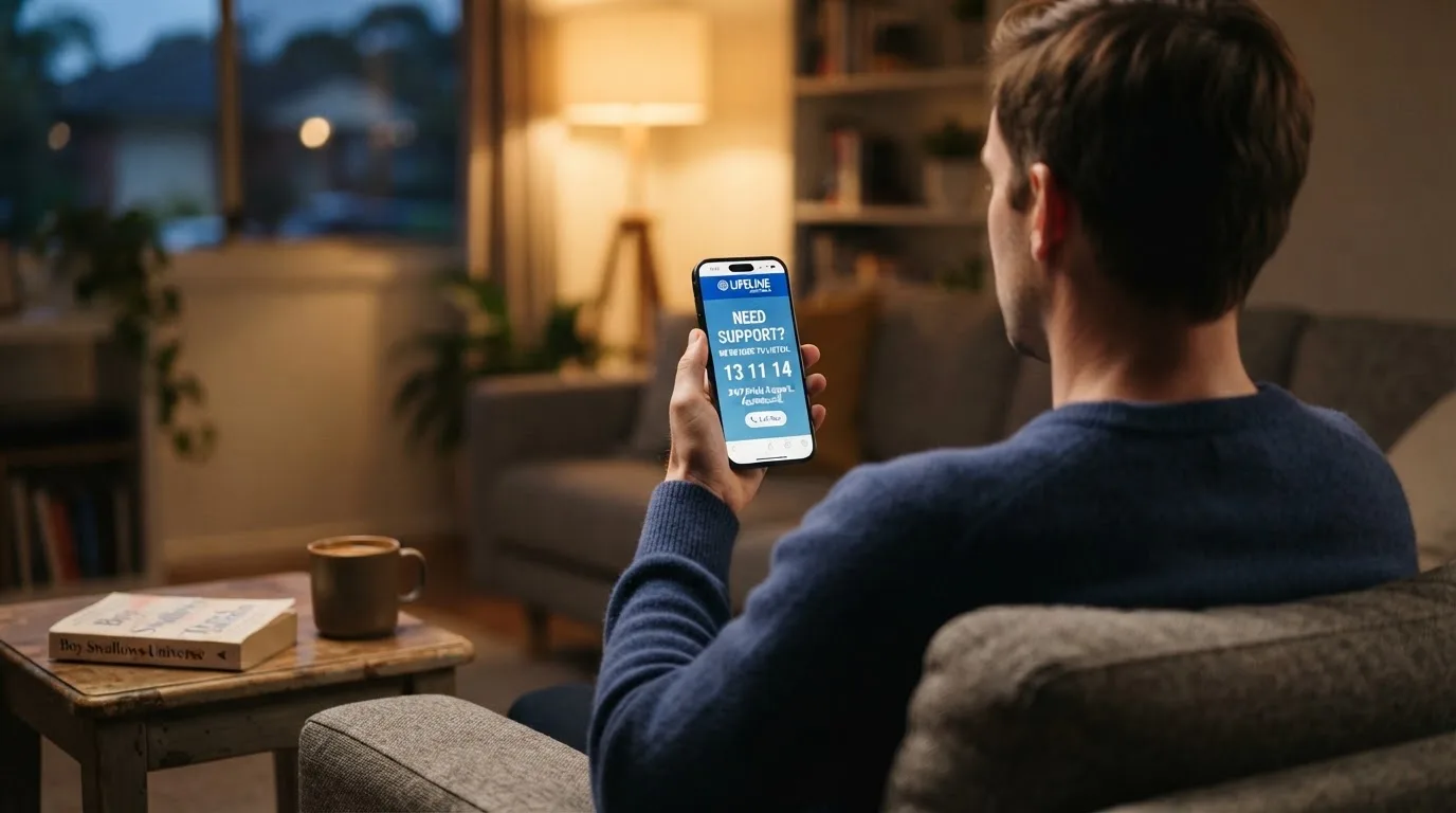 A person sitting calmly with a phone open to a support helpline page, no gaming screen visible.