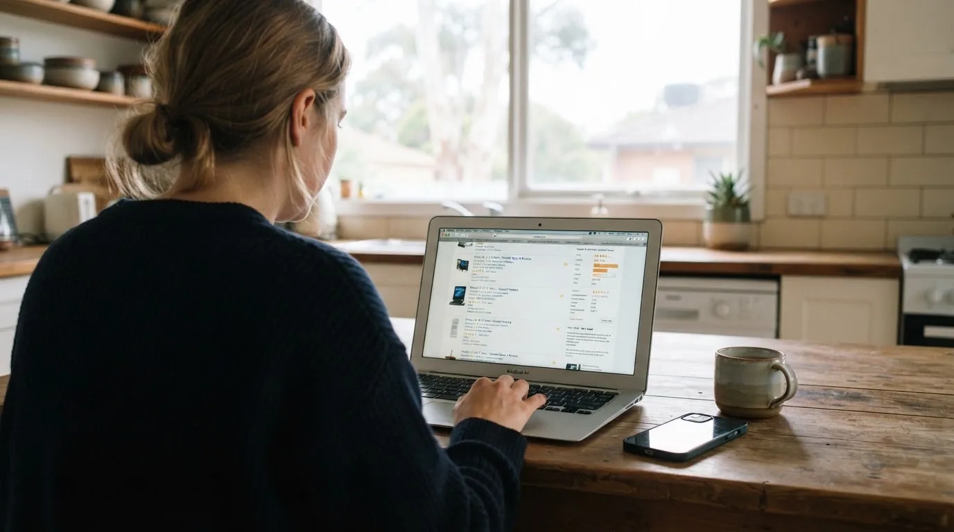 A person at a kitchen table scrolling through review pages on a laptop, phone face-down beside them.