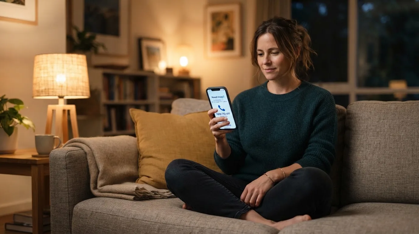 A person sitting calmly with a phone open to a support helpline page, no gaming screen visible.