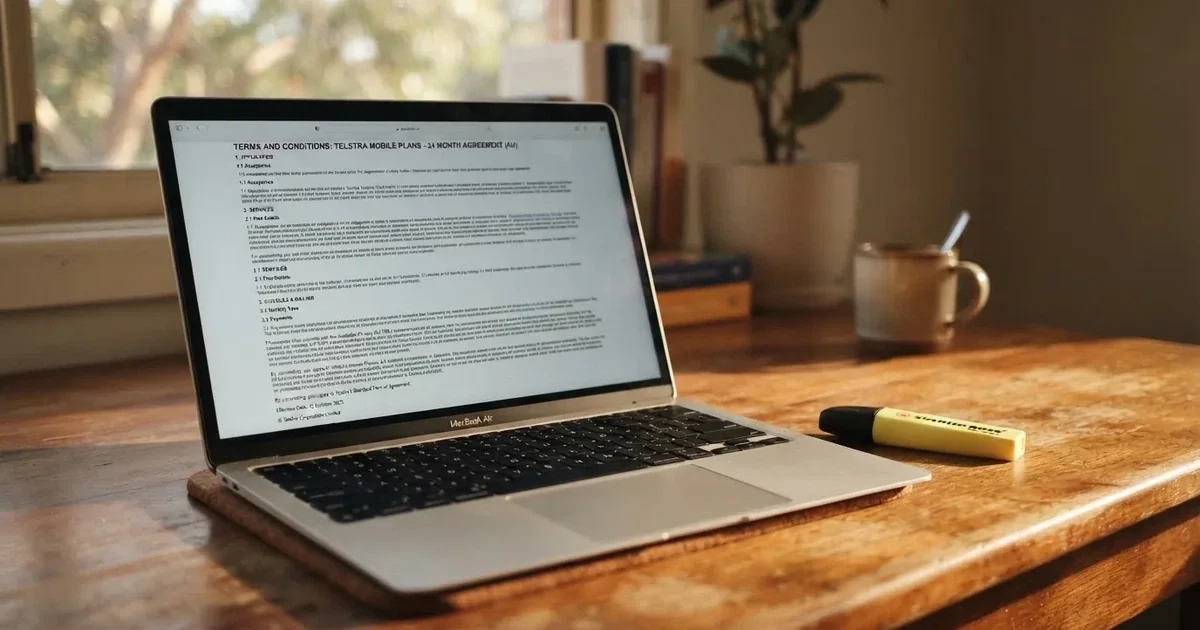 A laptop screen showing a page of terms and conditions text with a highlighter resting nearby.