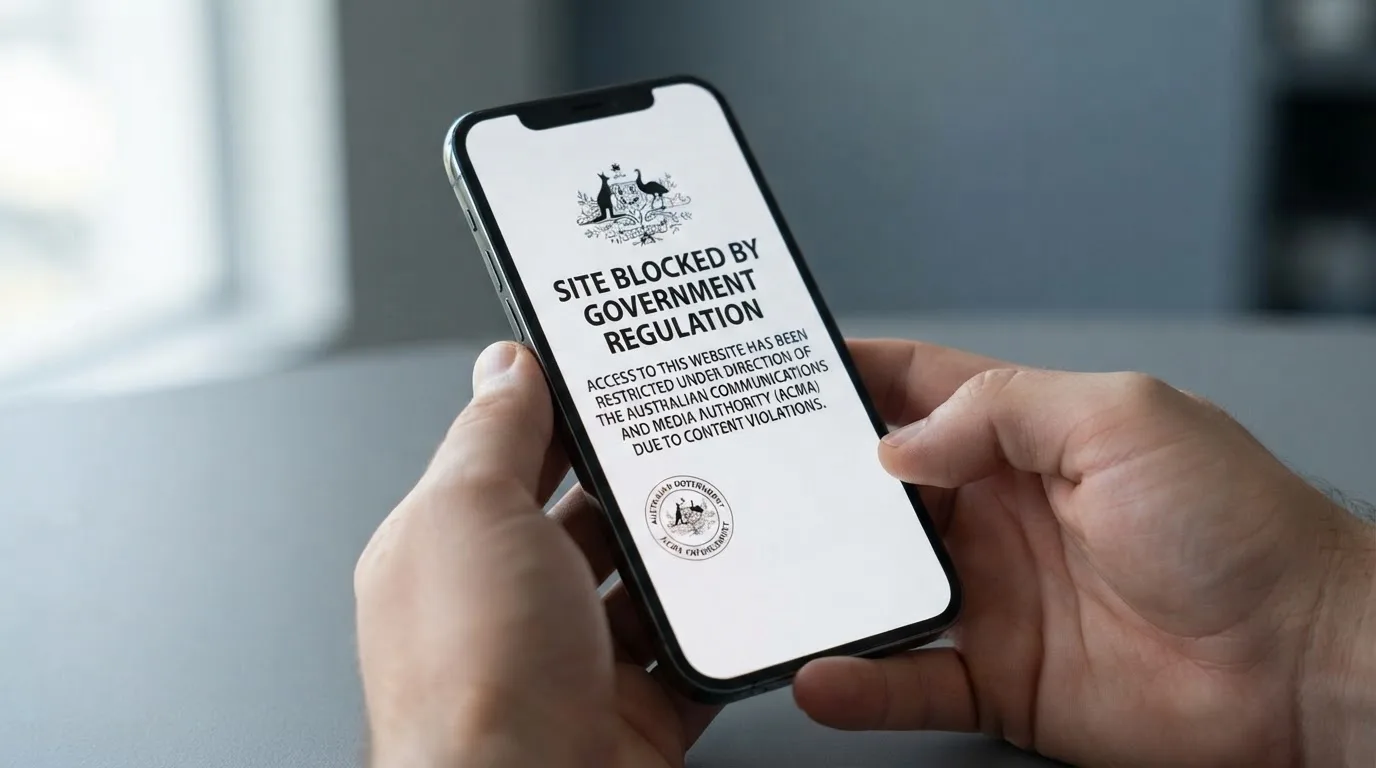 A smartphone screen showing a plain government warning notice about a blocked website, held against a blurred background.