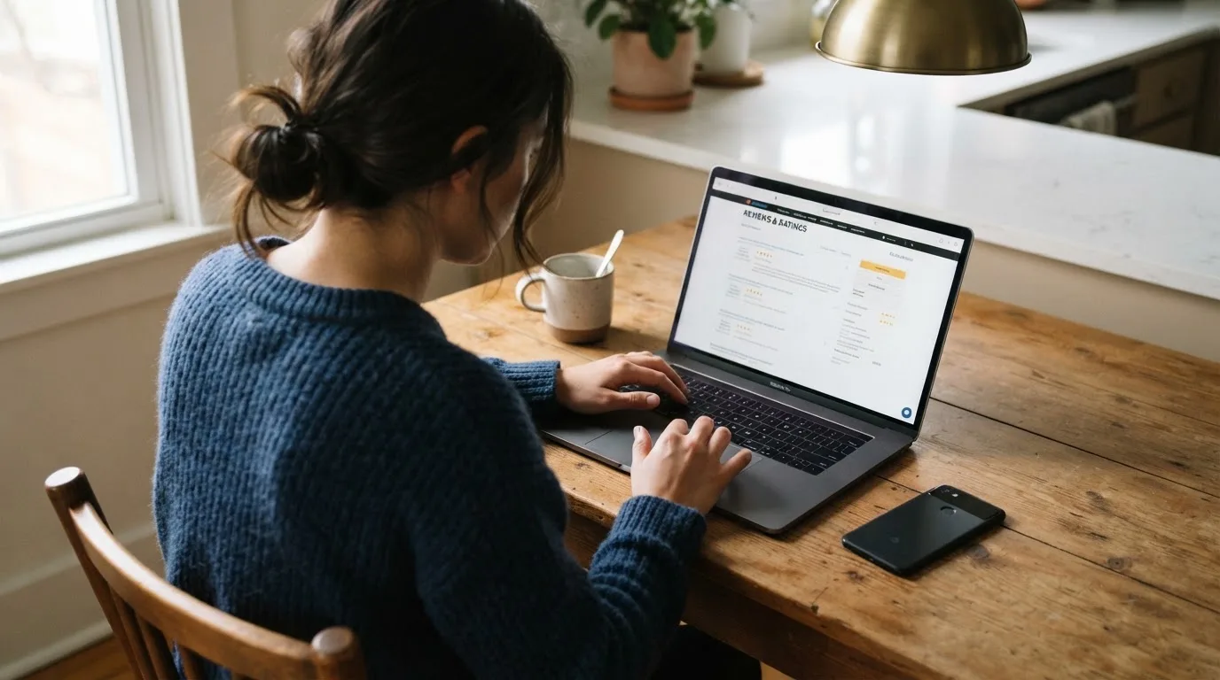 A person at a kitchen table scrolling through review pages on a laptop, phone face-down beside them.