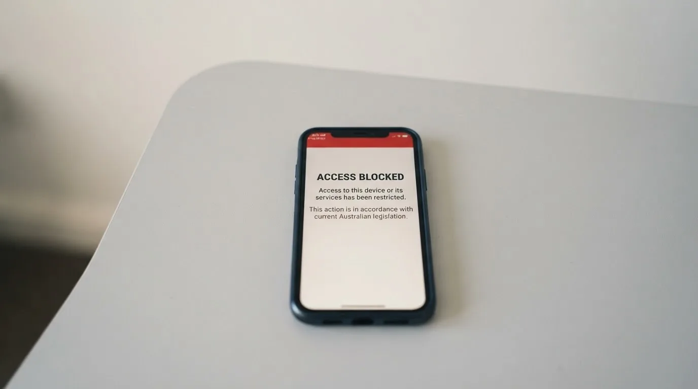 A smartphone screen showing a plain government warning notice about a blocked website, held against a blurred background.