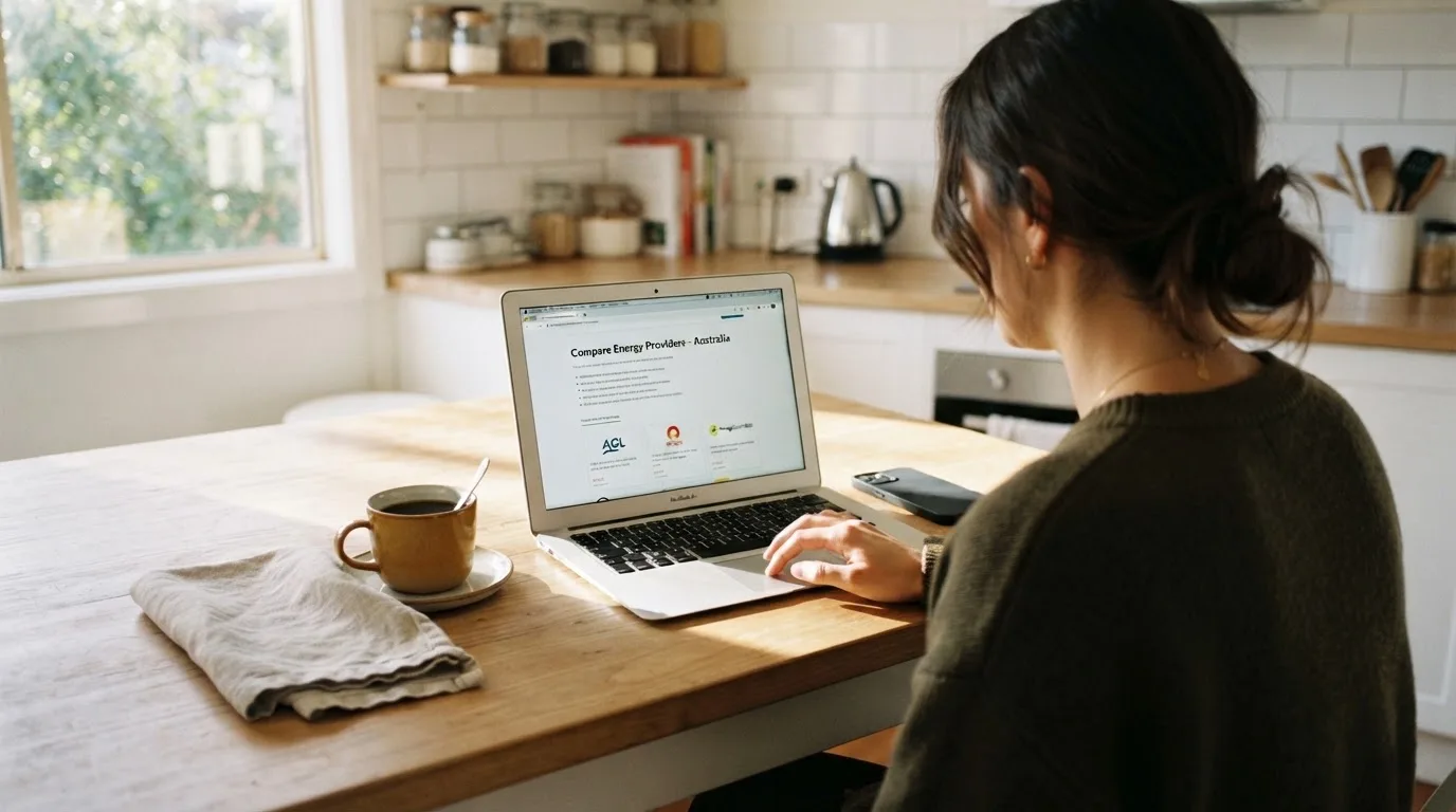 A person at a kitchen table scrolling through review pages on a laptop, phone face-down beside them.